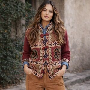 Vintage L.N.I. Knit Cardigan Sweater Red/ Tan Fair Isle Nordic Cottagecore Sz M